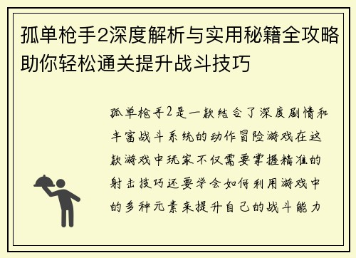 孤单枪手2深度解析与实用秘籍全攻略助你轻松通关提升战斗技巧